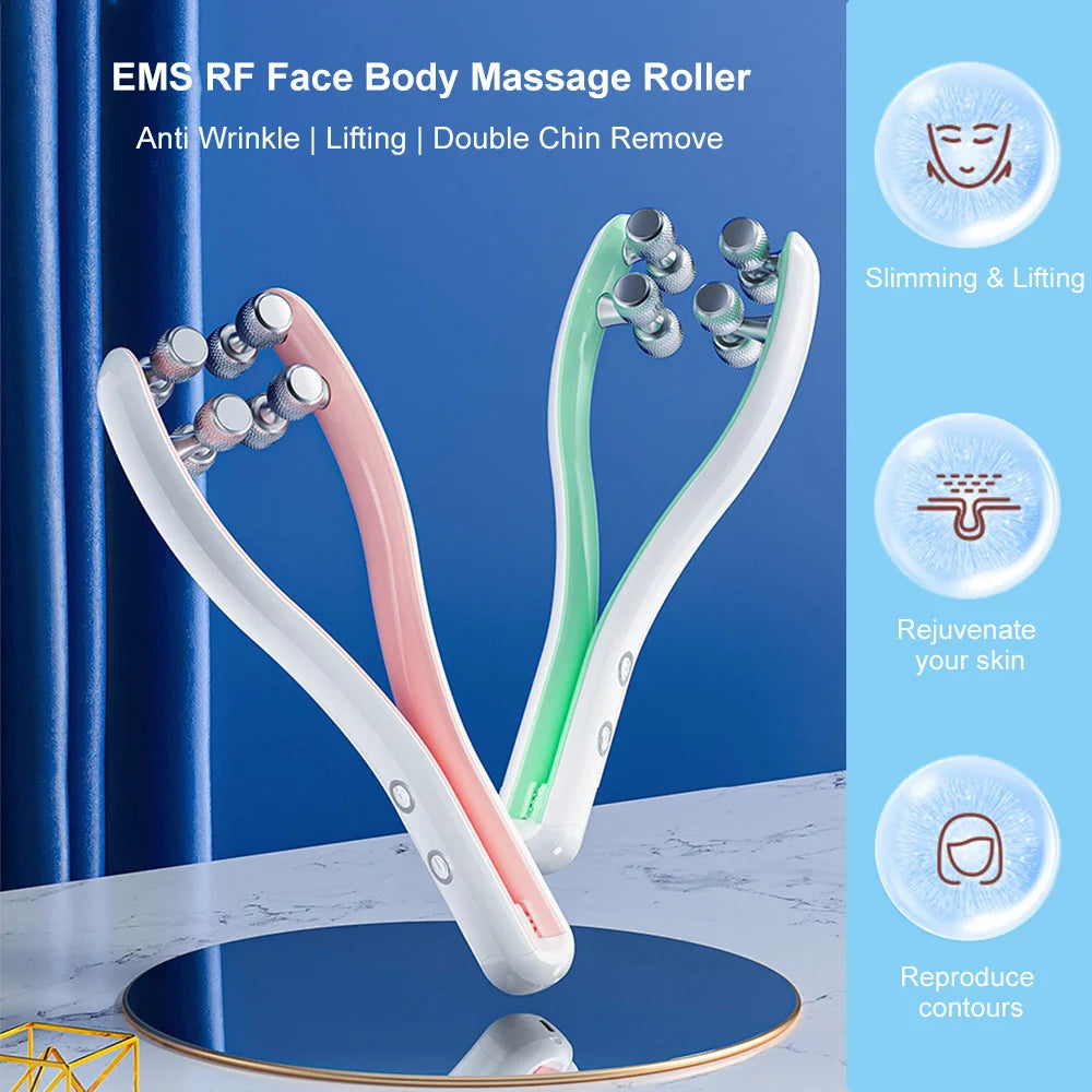 EMS Face Lifting Roller Y Shape Electric Facial Lift Up Massager Eye Massage Instrument with Heat Vibration Home Use Beauty Tool