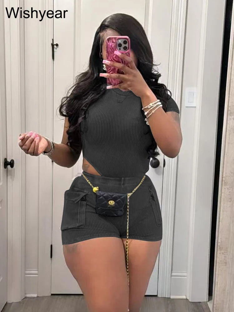 Summer Short Sleeve Bodysuits Top and Pockets Biker Shorts Solid Ribbed Stretch Two 2 Piece Set Women Fitness Tracksuit Clubwear