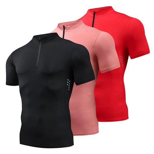 Half Zip Stretch Quick Dry Stand Collar Running Shirt Men Compression Crossfit Trainning Gym Fitness T-Shirt Sportswear Clothing