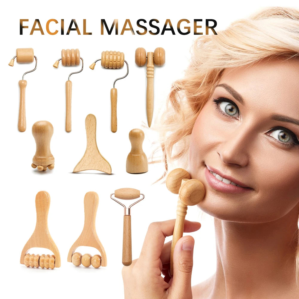 Face Massager Maderoterapia Face Roller Mini Wood Therapy Face Slimming Gua Sha Scraper Facial Lifting Wrinkle Remover